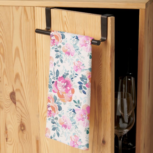Pink & Teal Floral Pattern Tea Towel (Thirds Fold)