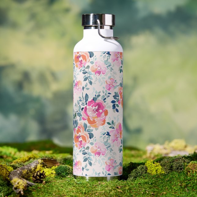 Pink & Teal Floral Pattern Water Bottle (Outdoor)