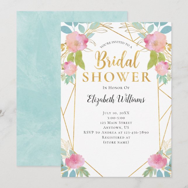 Pink Teal Flowers Geometric Frame Bridal Shower Invitation (Front/Back)
