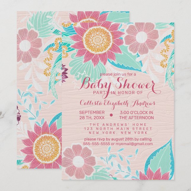 Pink Teal Flowers Leaves Oil Painted Baby Shower Invitation (Front/Back)