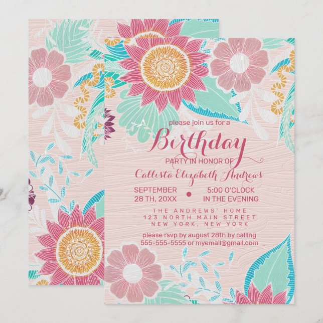 Pink Teal Flowers Leaves Oil Painted Birthday Invitation (Front/Back)