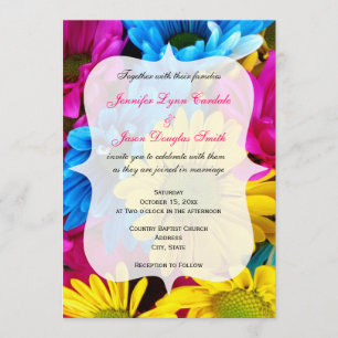 Pink Teal Gerber Daisy Flowers Wedding Invitations