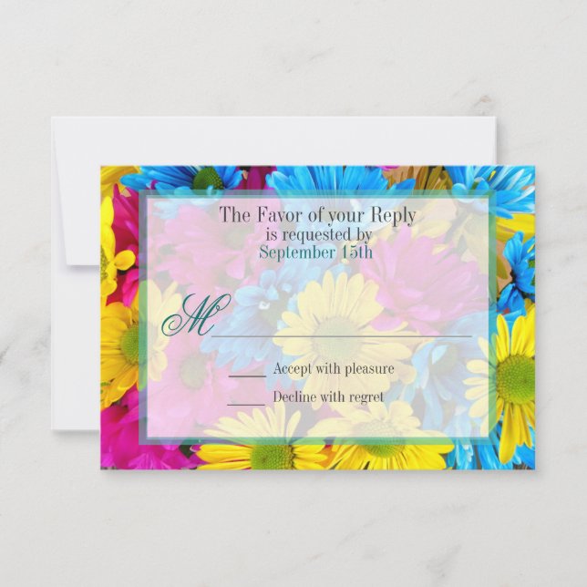 Pink Teal Gerber Daisy Flowers Wedding RSVP (Front)
