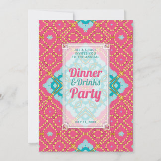 Pink Teal Gold Boho Chic Dinner Drinks Party Invitation