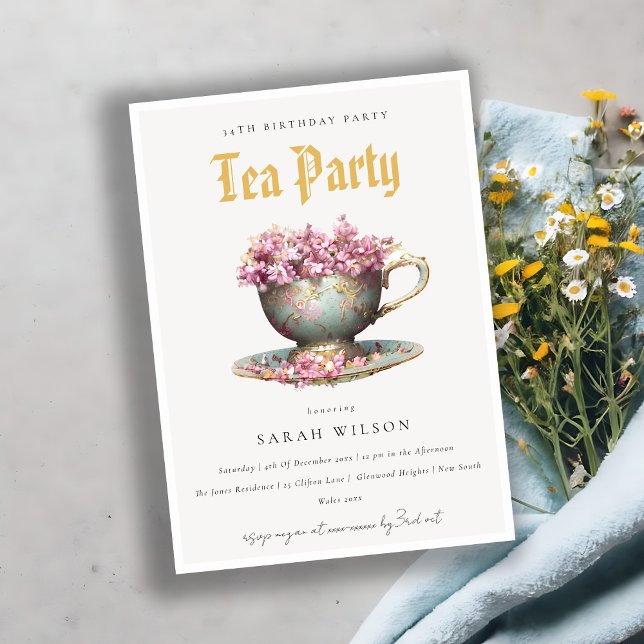 Pink Teal Gold Floral Teacup Birthday Tea Party  Invitation (Creator Uploaded)