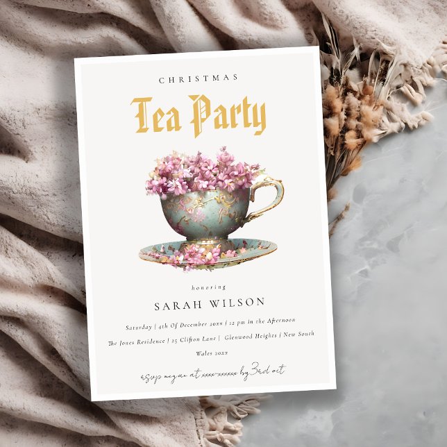 Pink Teal Gold Floral Teacup Christmas Tea Party  Invitation (Creator Uploaded)