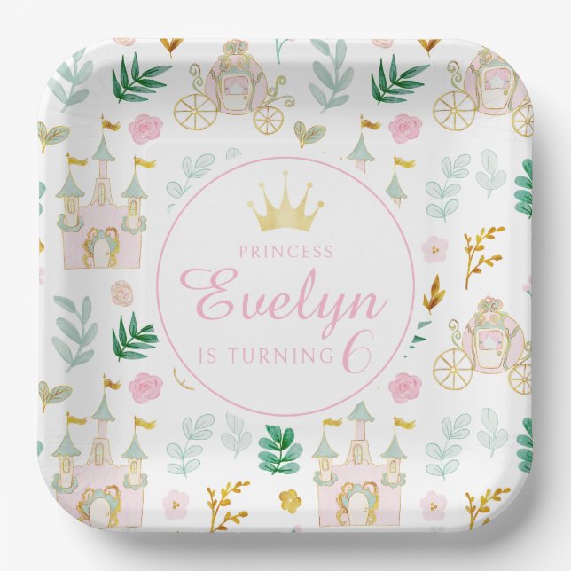 Pink teal gold little princess birthday girl  paper plate (Front)