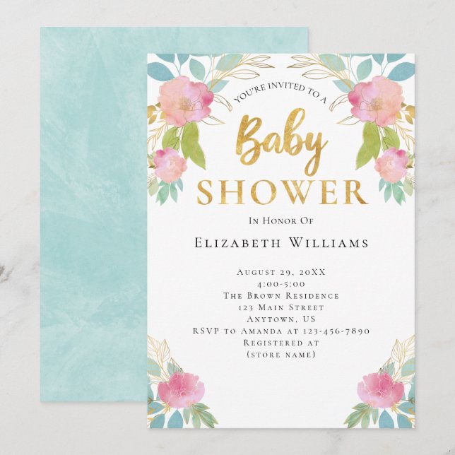 Pink Teal Gold Watercolor Flowers Girl Baby Shower Invitation (Front/Back)
