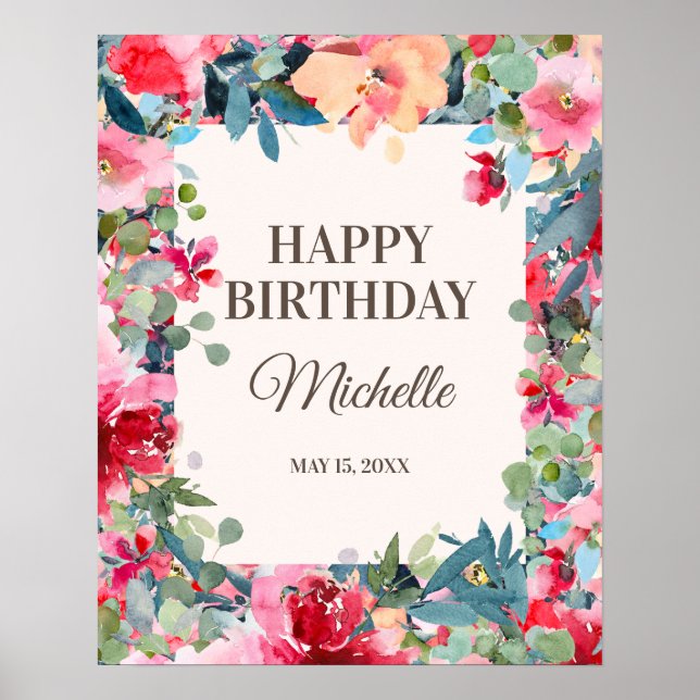 Pink Teal Green Floral Leaves Happy Birthday Party Poster (Front)