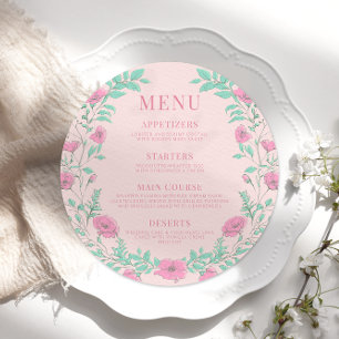 Pink teal green floral retro round Menu Card Plate
