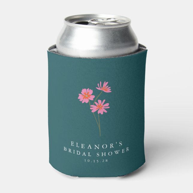 Pink Teal Green Flowers Boho Custom Bridal Shower Can Cooler (Can Front)