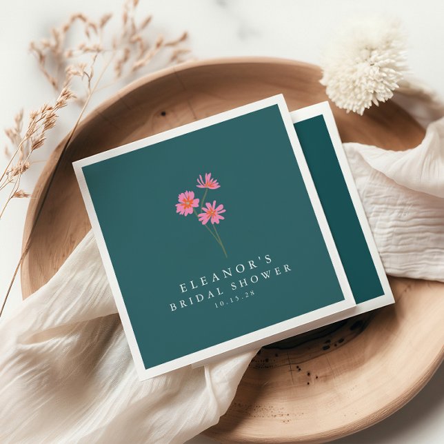 Pink Teal Green Flowers Boho Custom Bridal Shower Napkin (Creator Uploaded)