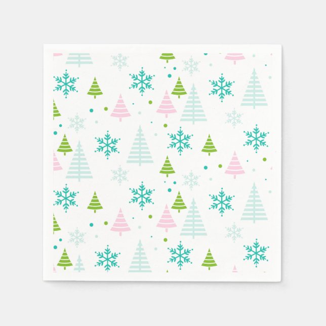 Pink Teal Green Trees Modern Christmas  Napkin (Front)