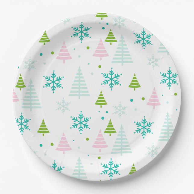 Pink Teal Green Trees Modern Christmas  Paper Plate (Front)