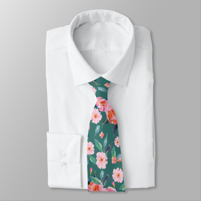Pink Teal Green Watercolor Rose Pattern Wedding Tie (Tied)