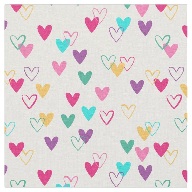 Pink Teal Heart Doodles Fabric (Close Up)