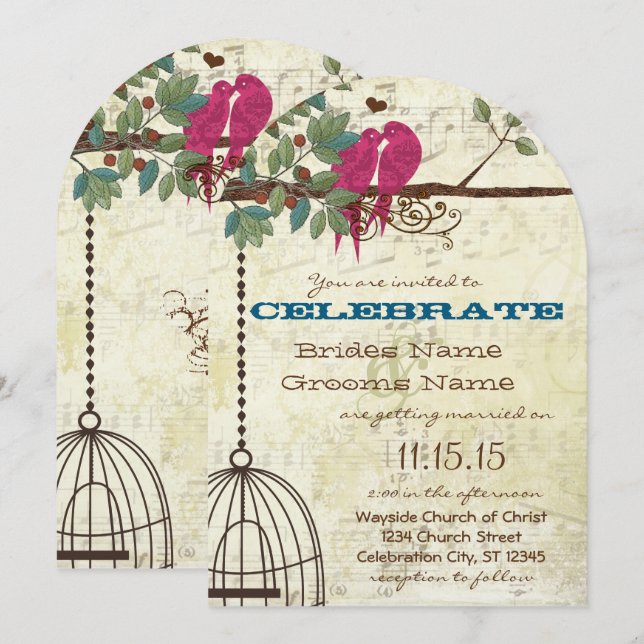 Pink Teal Love Birds Sitting In A Tree Wedding Invitation (Front/Back)