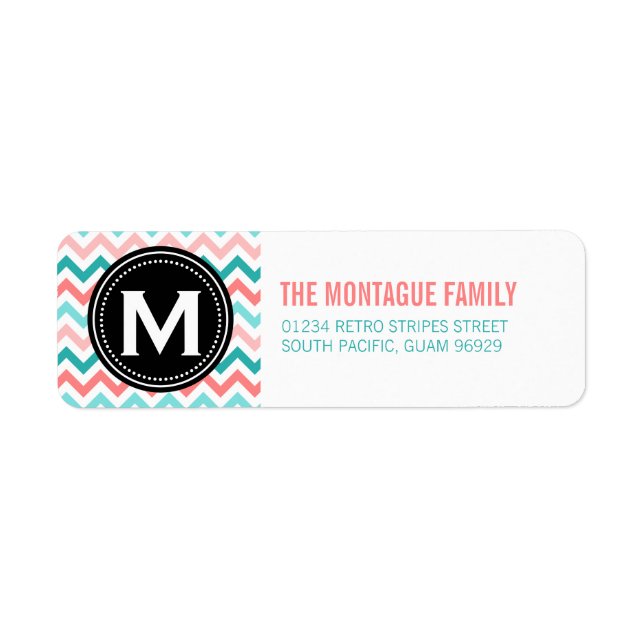 Pink Teal Monogram Chevron Pattern Address Labels (Front)