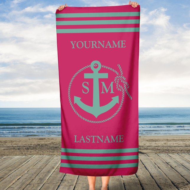 Pink Teal Nautical Anchor Monogram Beach Towel (Creator Uploaded)