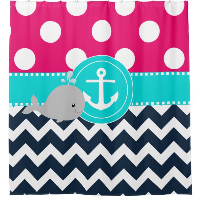 Pink Teal Navy Whale Shower Curtain (Front)
