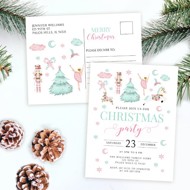 Pink teal nutcracker ballet candy Christmas party  Holiday Postcard (Creator Uploaded)