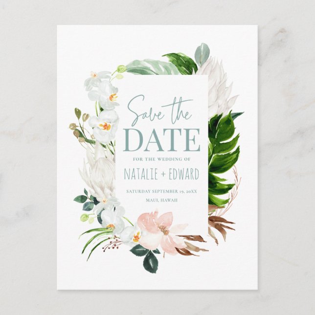 Pink, teal + orchid tropical floral photo announcement postcard (Front)