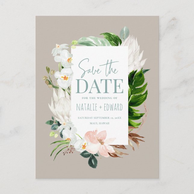 Pink, teal + orchid tropical floral save the date announcement postcard (Front)
