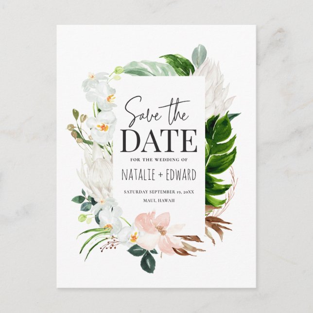 Pink, teal + orchid tropical floral save the date announcement postcard (Front)