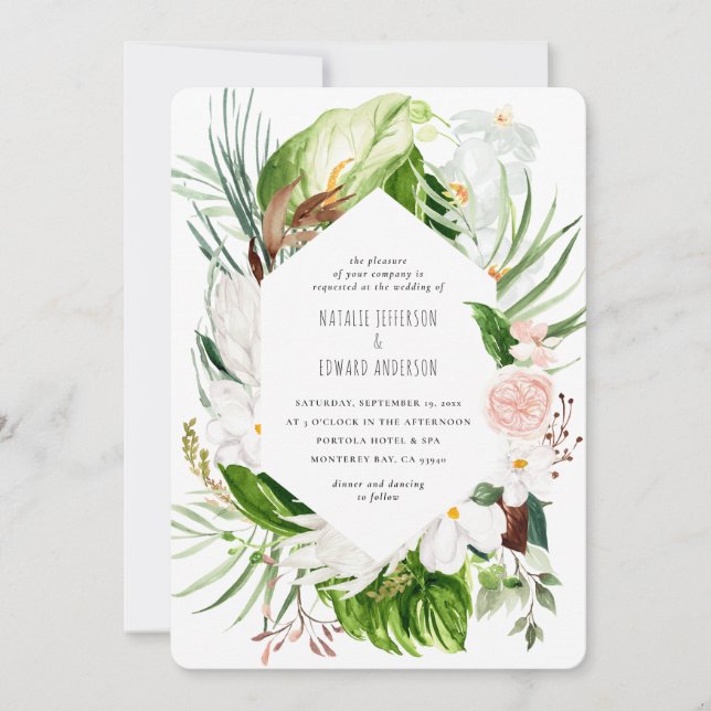 Pink, teal + orchid tropical floral wedding invite (Front)