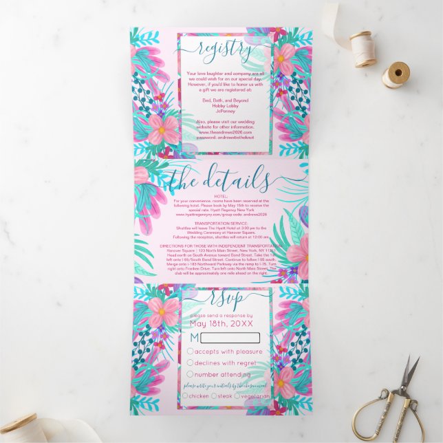 Pink Teal Painted Flowers Registry Detail RSVP Tri-Fold Invitation (Inside)
