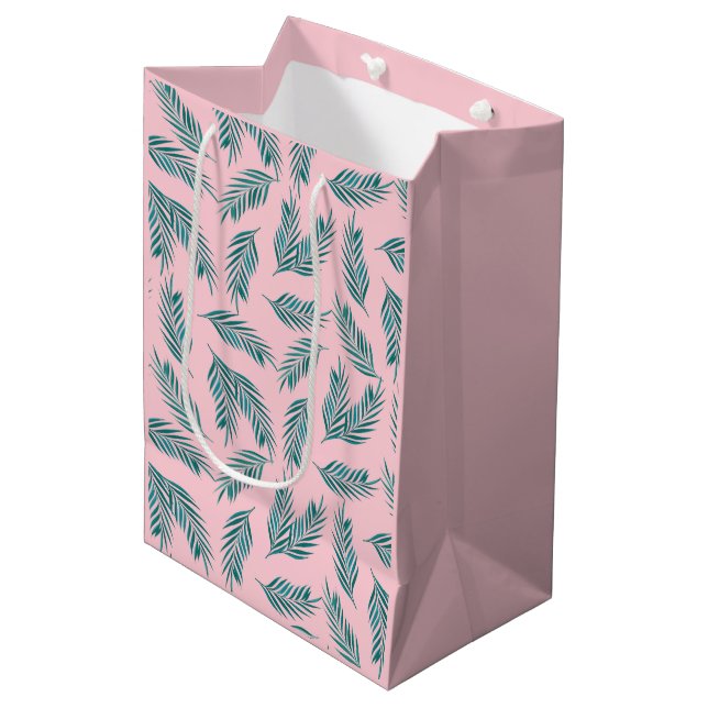 Pink & Teal Palm Leaves Tropical Medium Gift Bag (Front Angled)