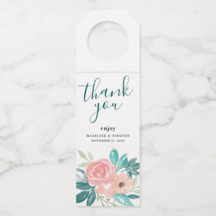 Pink Teal Peach Botanical Bouquet Wedding Favour Bottle Tag