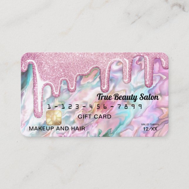 Pink Teal Pearl Opal Glitter Drips Gift Credit Business Card (Front)