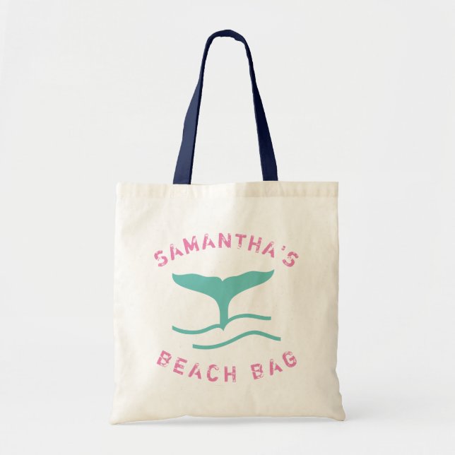 Pink & Teal Personalized Whale's Tail Beach Tote Bag (Front)