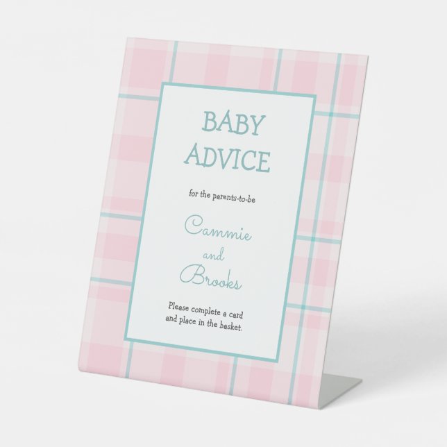 Pink Teal plaid baby advice table sign (Front)