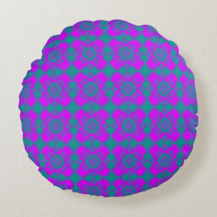 Pink Teal Purple Chequered Argyle Pattern Round Cushion