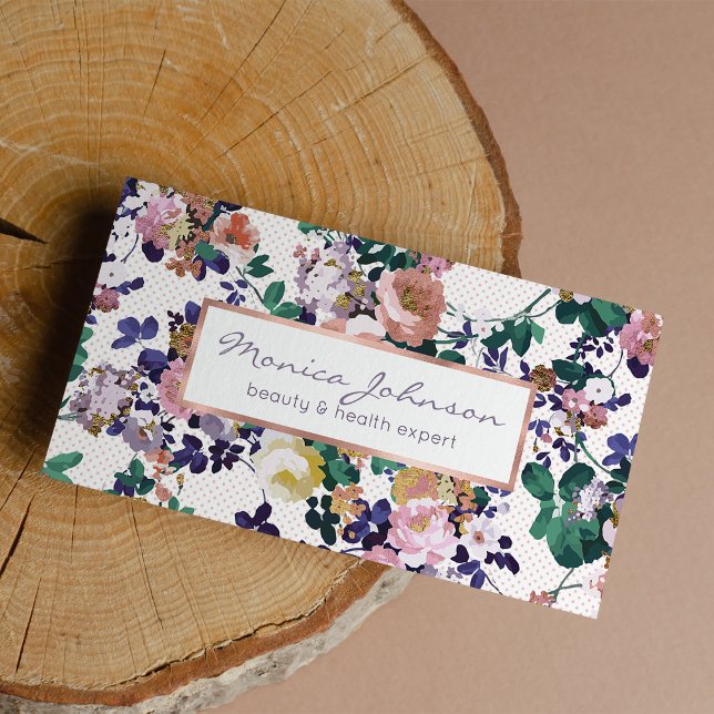 Pink teal purple gold polka dots floral  business card (Pink teal purple gold polka dots floral business card )