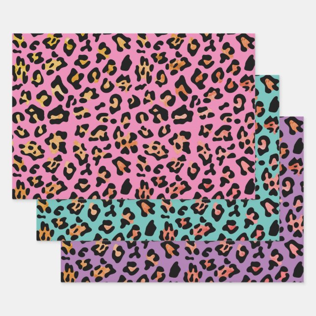 Pink Teal Purple Leopard Animal Print Wrapping Paper Sheet (Set)