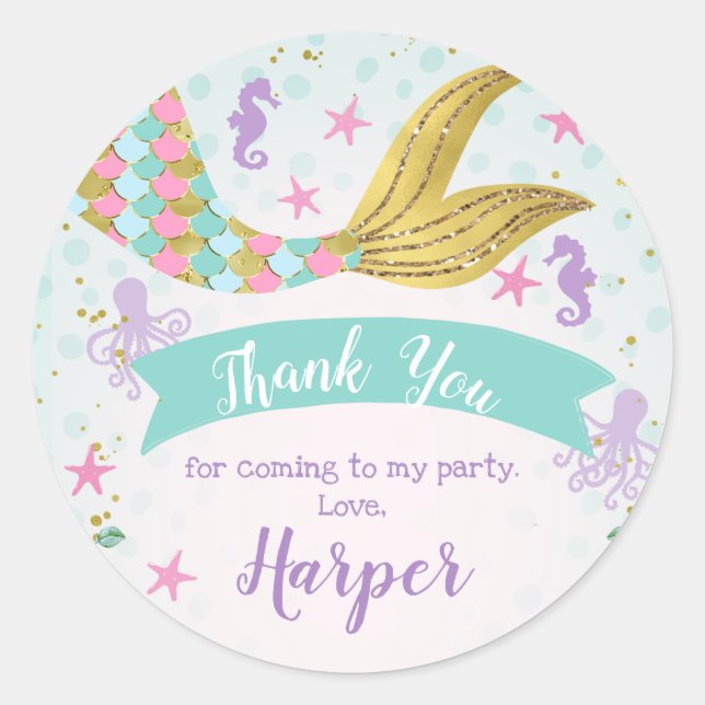 Pink Teal Purple Mermaid Birthday Favor Sticker (Front)