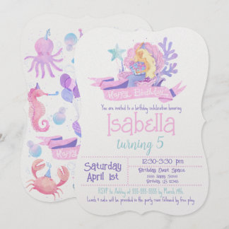 Pink, Teal, & Purple Watercolor Mermaid Birthday Invitation