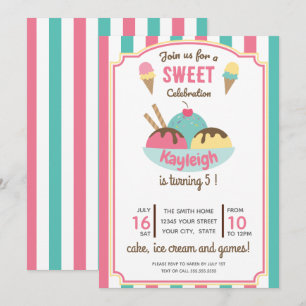 Pink Teal Retro Ice Cream Kid's Birthday Party Invitation