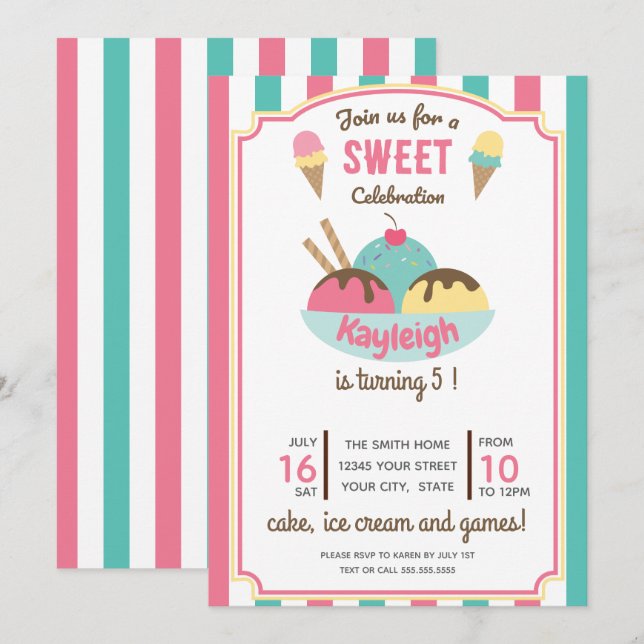 Pink Teal Retro Ice Cream Kid's Birthday Party Invitation (Front/Back)