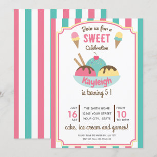 Pink Teal Retro Ice Cream Kid's Birthday Party Invitation
