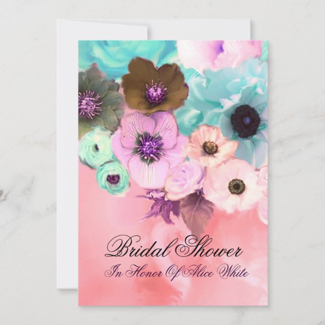 PINK TEAL ROSES AND ANEMONE FLOWERS BRIDAL SHOWER INVITATION (Front)