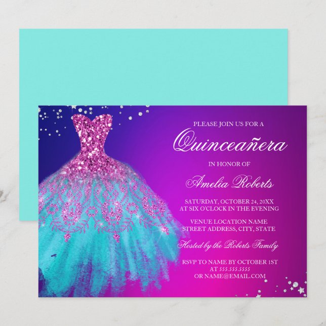 Pink Teal Sparkle Dress Quinceanera Invitation (Front/Back)