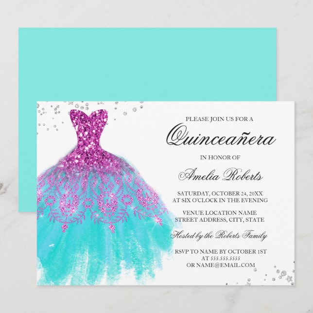 Pink Teal Sparkle Dress Quinceanera Invitation (Front/Back)