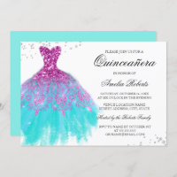 Pink Teal Sparkle Dress Quinceanera Invitation