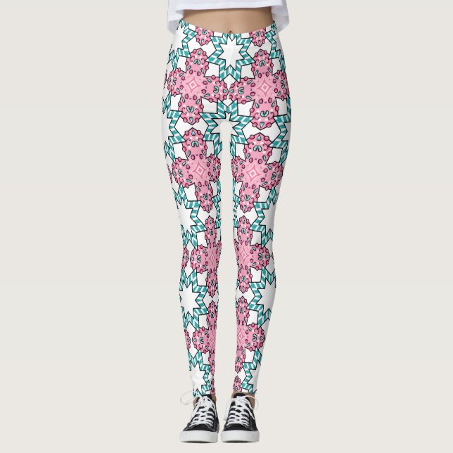 Pink Teal Starburst Geometric Pattern Leggings (Front)