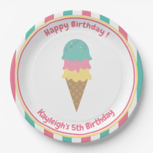 Pink Teal Stripes Ice Cream Kid's Party Paper Plate