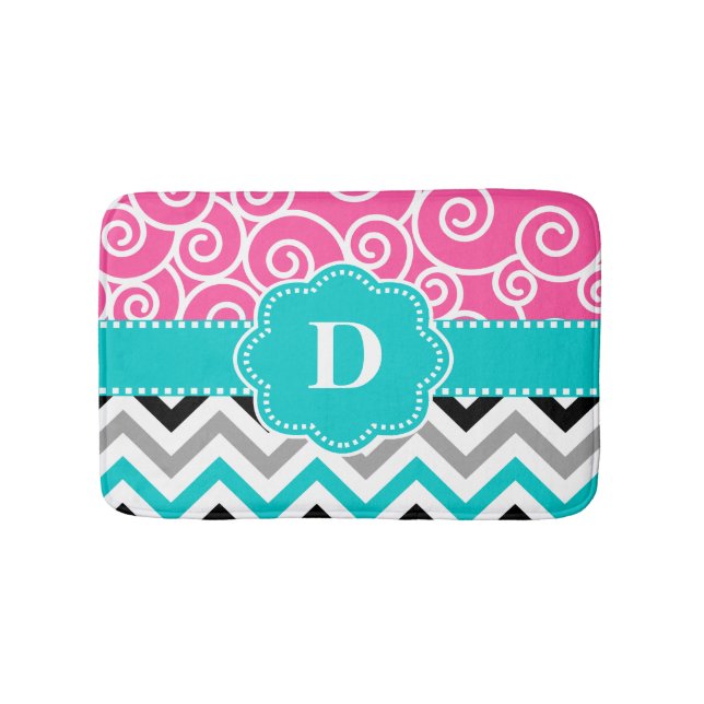 Pink Teal Swirl Chevron Monogram Bathmat Bath Mats (Front)
